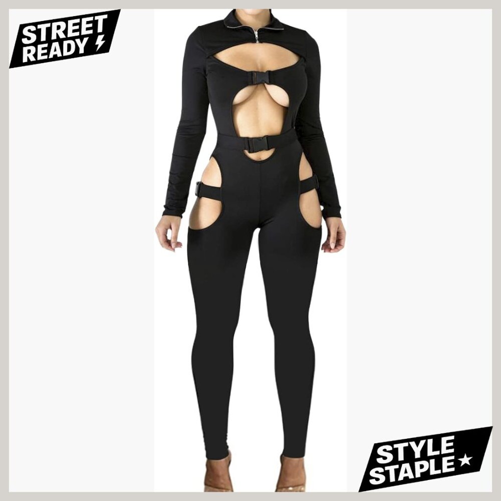 Long Sleeve Jumpsuit with Buckle Closure Hollow Out Design Slim Fit